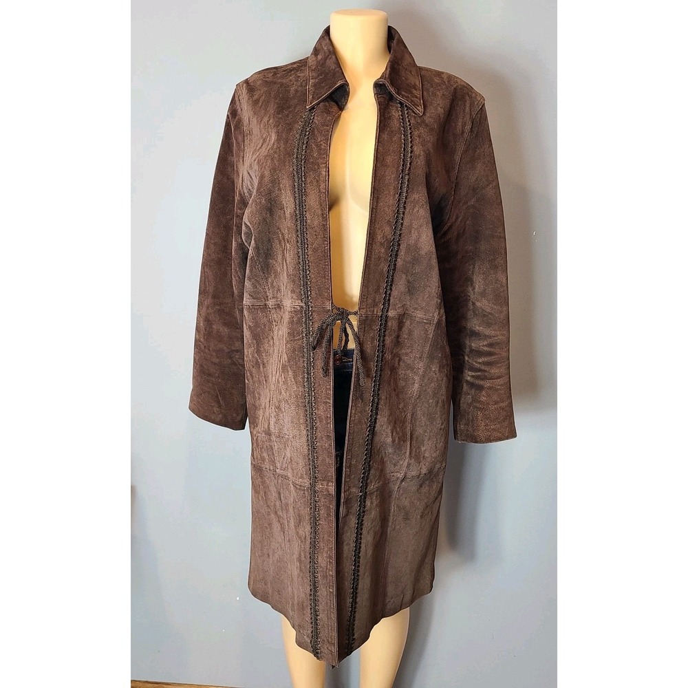 VTG Womens Full Length Brown Leather Jacket Size 16W‎ Urban Y2K 90s Tie Front